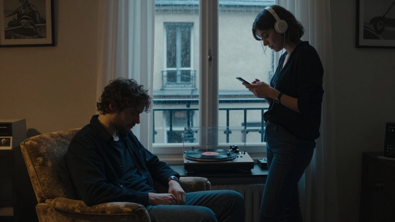 A man and woman share a silent moment in a Montmartre apartment as jazz plays and rain falls outside.