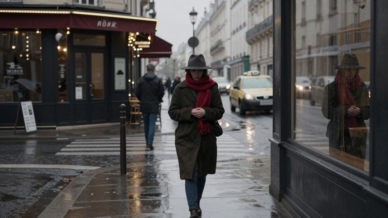 A woman walks alone through a rainy Paris street at dawn, unnoticed by the waking city.