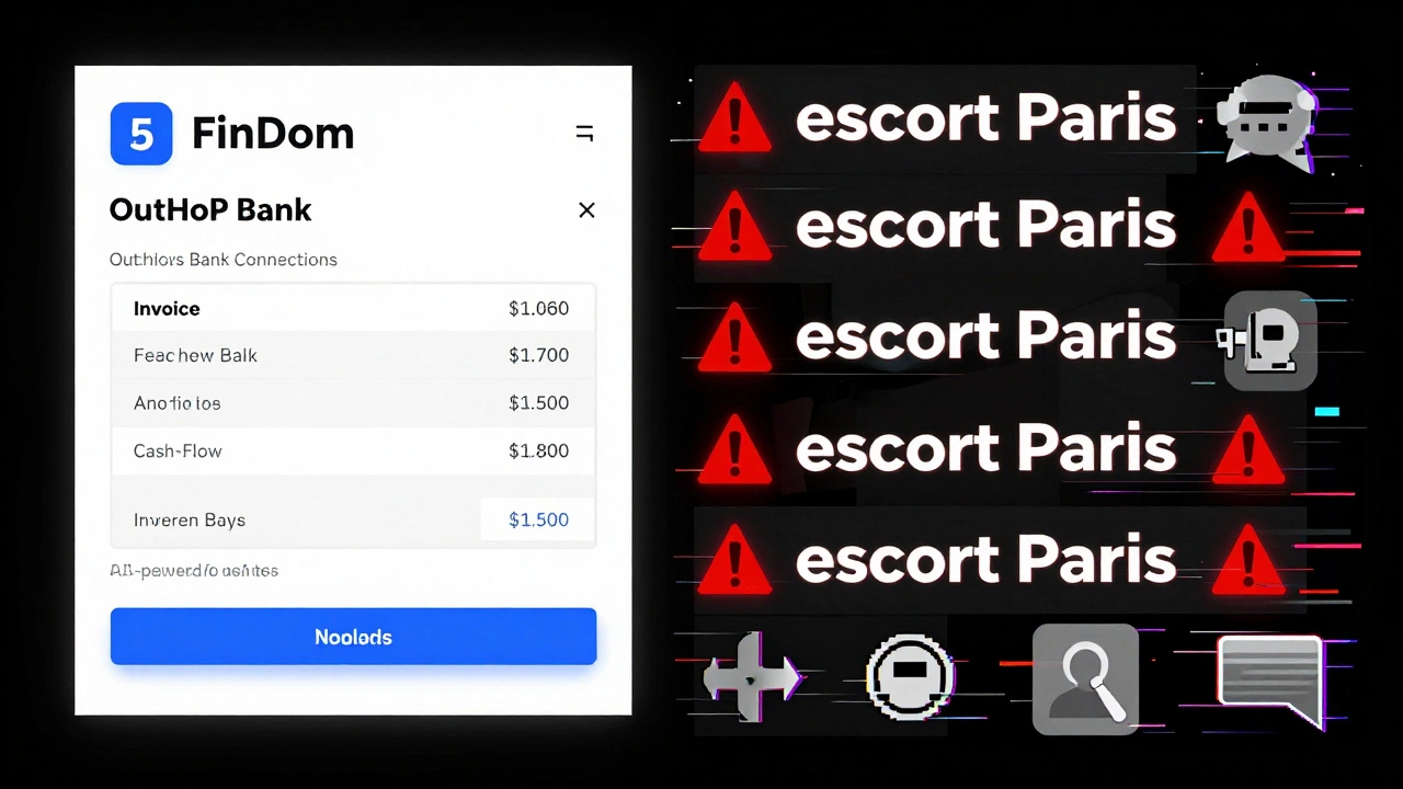 Contrasting legitimate financial app interface with misleading ads featuring unrelated keywords.