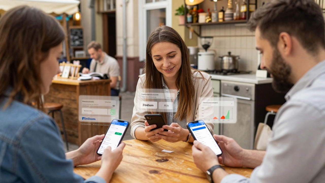 Small business owners in Russia using the FinDom app on their phones in everyday settings.
